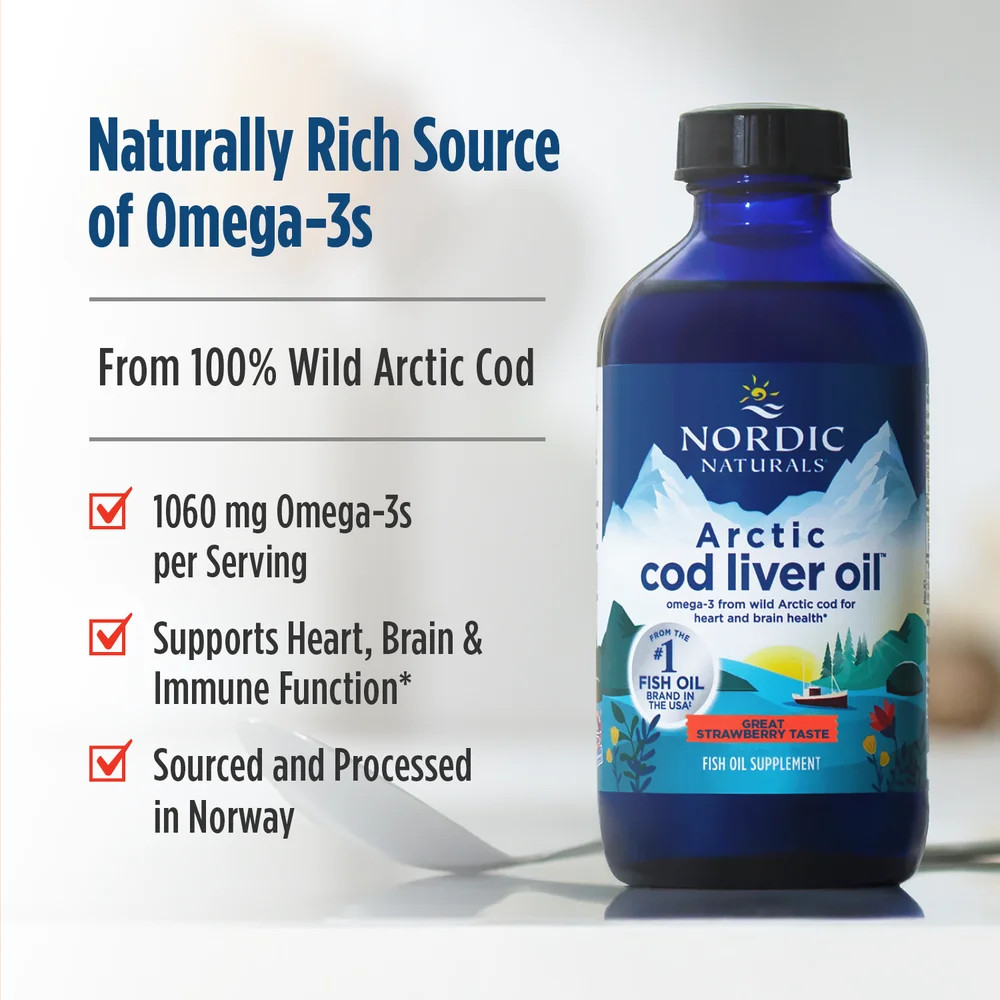 Nordic Naturals Arctic CLO – 100% Wild Cod Liver Oil, Strawberry Flavor, 8 Oz