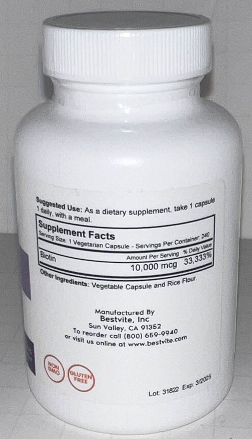 BestVite Biotin 10,000 mg 240 Vegetarian Capsules Expires 03/2025