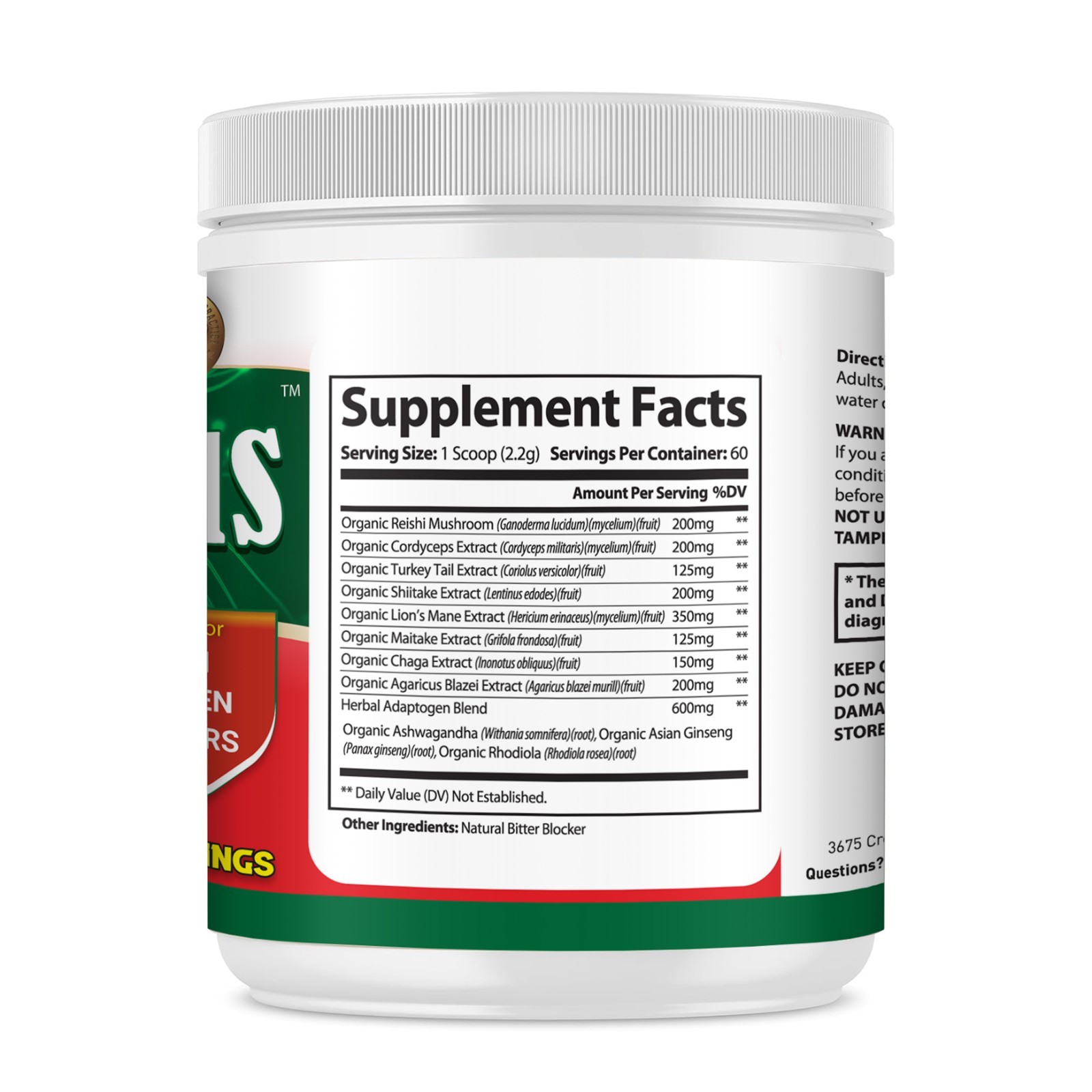 Organic Mushroom Powder For Energy, Focus & Immunity, Drink Mix- 60 Servings