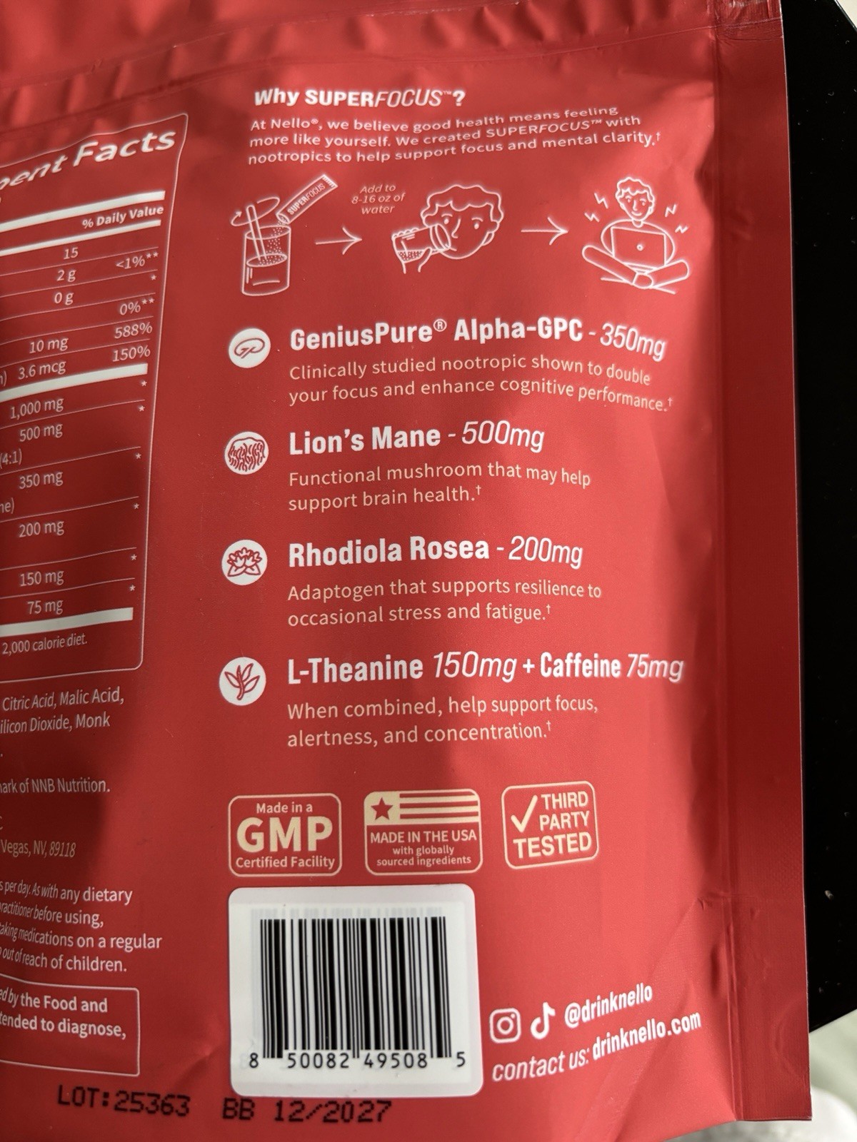 Nello SuperFocus Focus Drink Mix + Caffeine Fruit Punch 20 Packets 0g Sugar