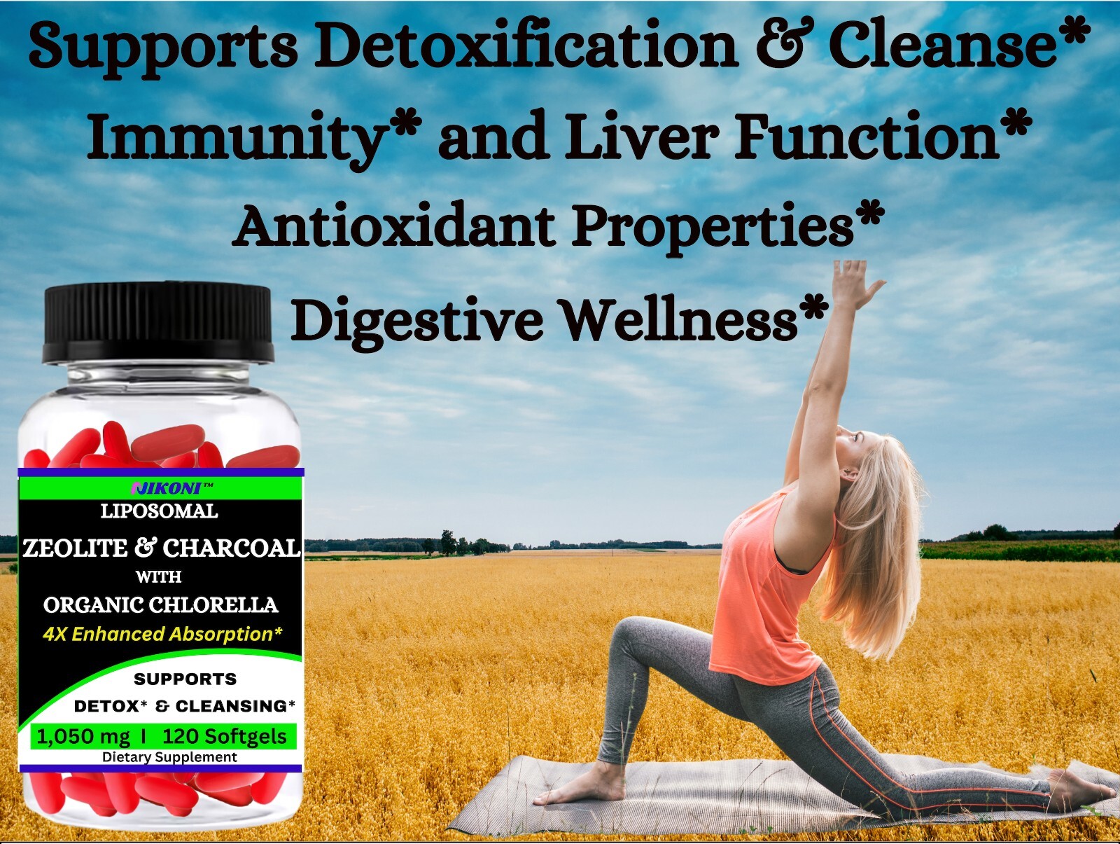 Nikoni Liposomal Zeolite, Charcoal & Organic Chlorella, Healthy Liver, Full Body