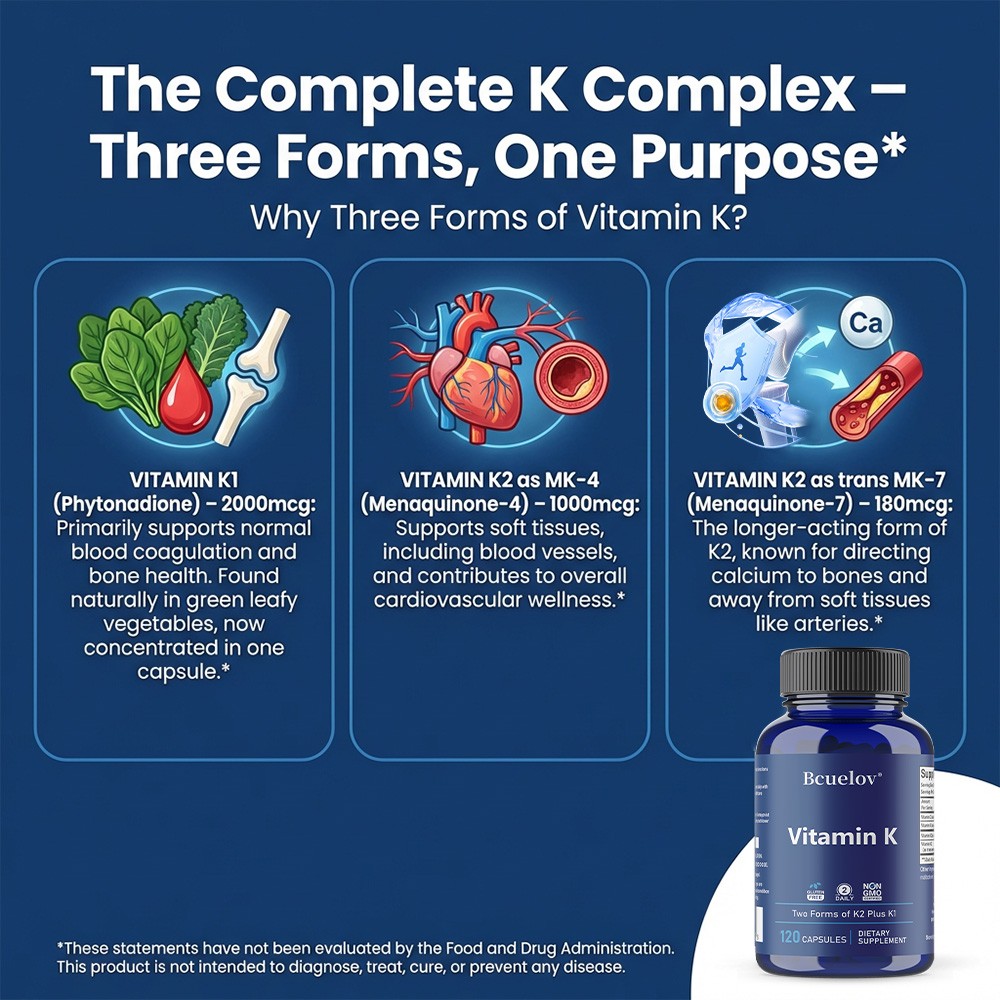 Vitamin K Complex-K1 +2K2 Forms for Calcium Balance,Vascular Health 30~120Caps