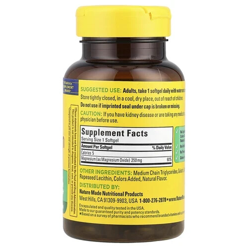 Nature Made Magnesium 250 mg Muscle Bone Nerve Health 90 Softgels EXP 01/2026