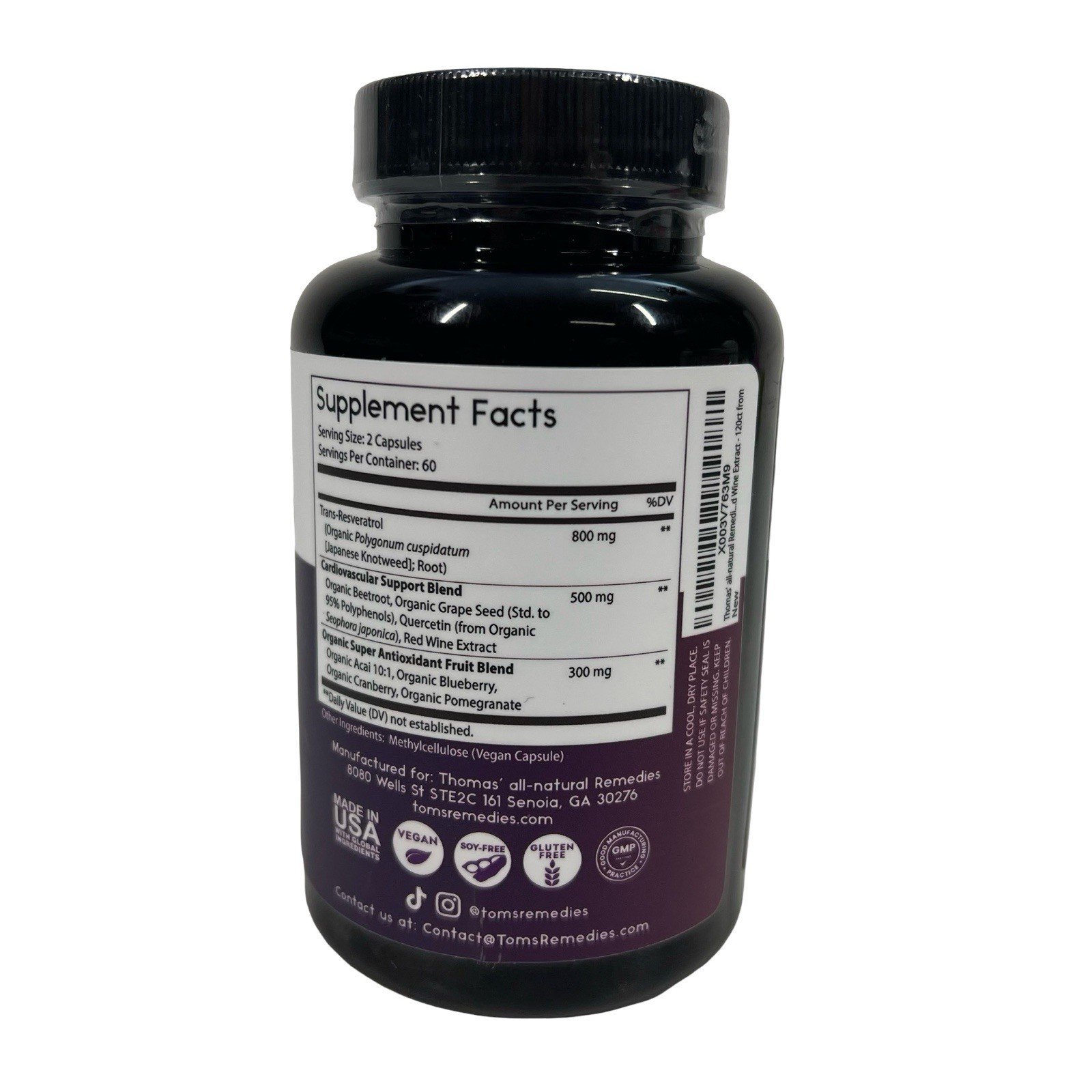 Thomas’ all-natural Remedies Resveratrol 1600mg Organic 120 Count Capsules 10/26