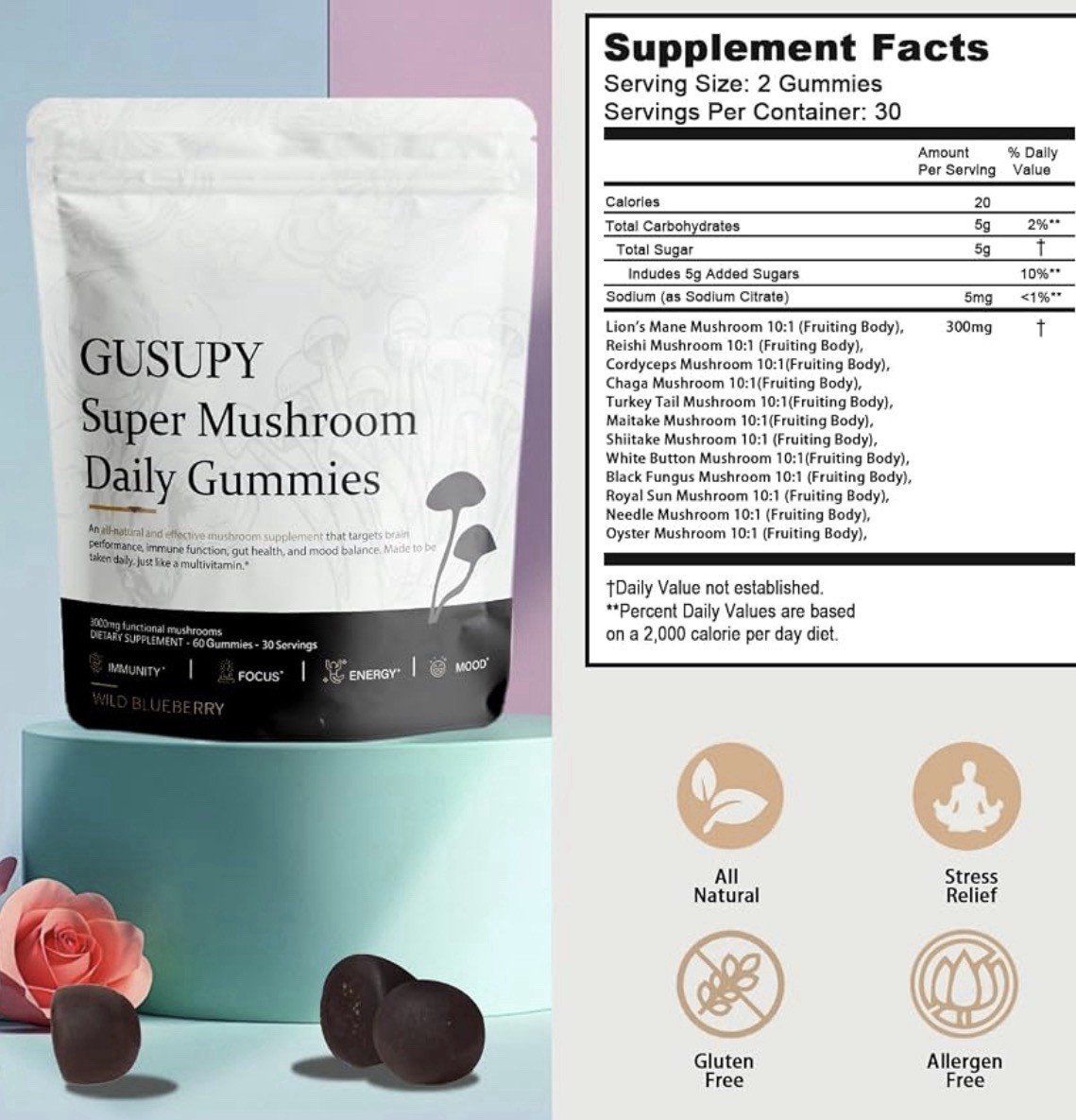 GUSUPY Super Mushroom Daily Gummies Wild Blueberry 60ct 300mg GF Exp 12/2027