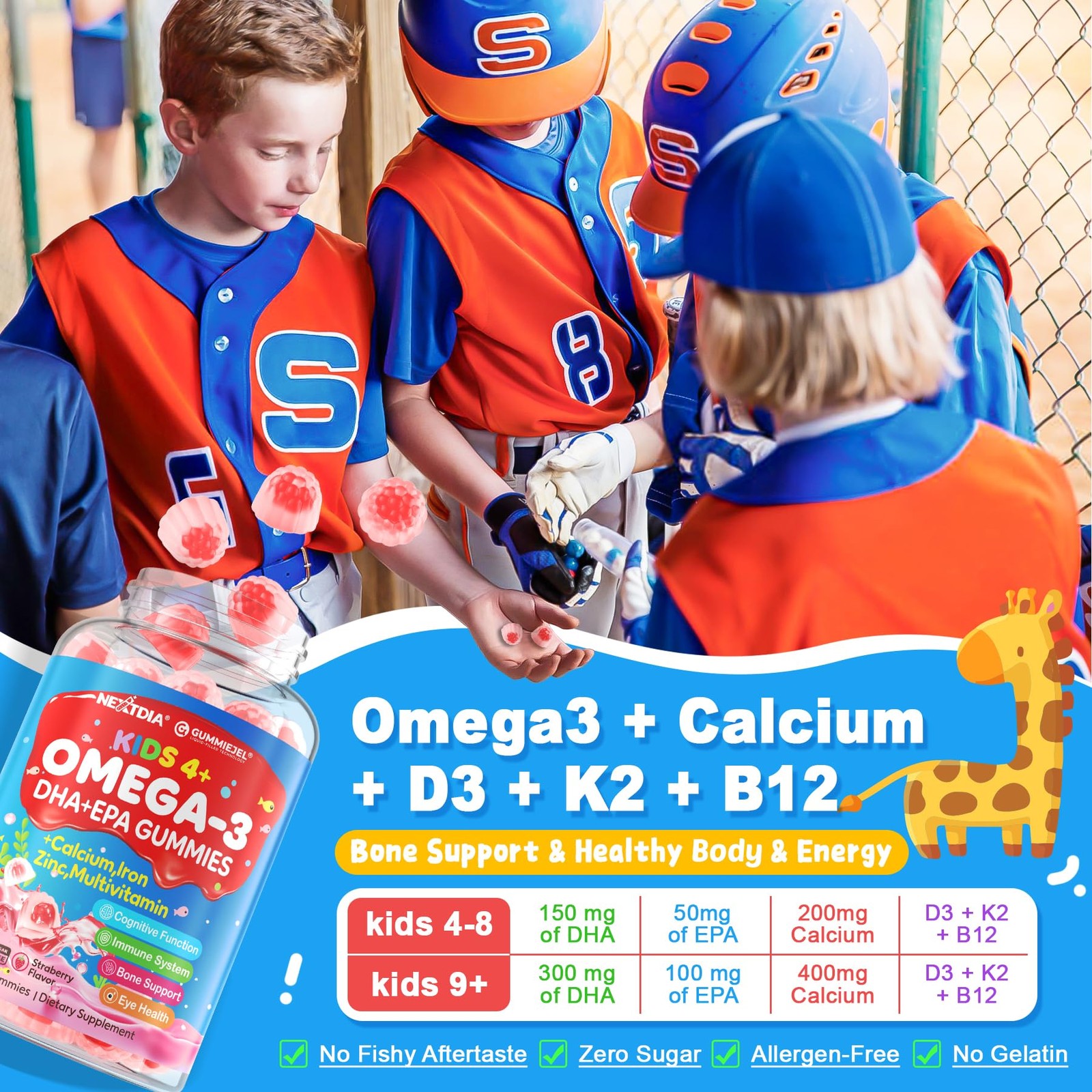 Nextdia Omega 3 (EPA/DHA) Filled Gummies for Kids with Multivitamin, Calcium + D