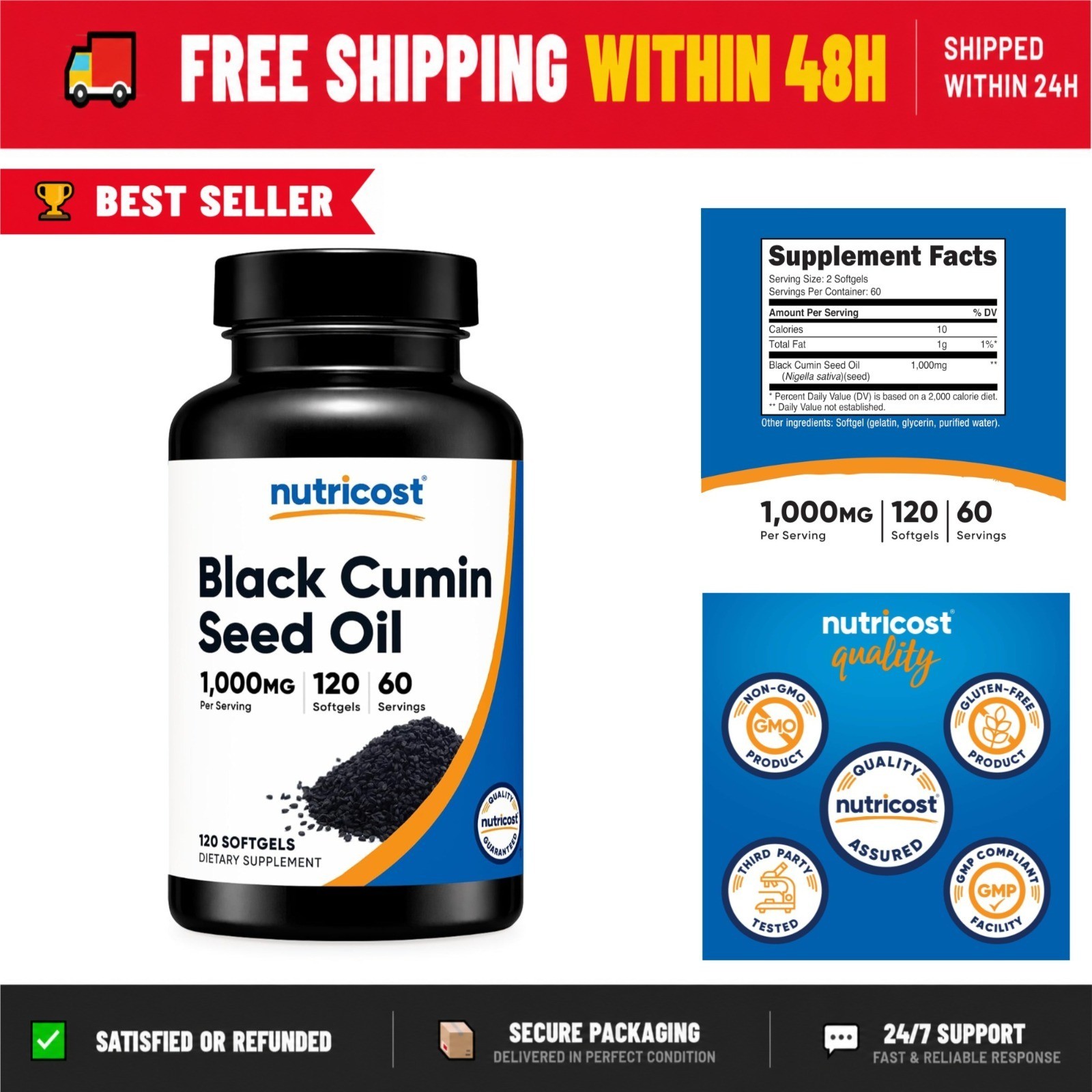 Nutricost Black Seed Oil Softgels 1000mg – Non-GMO Gluten Free 120 Count