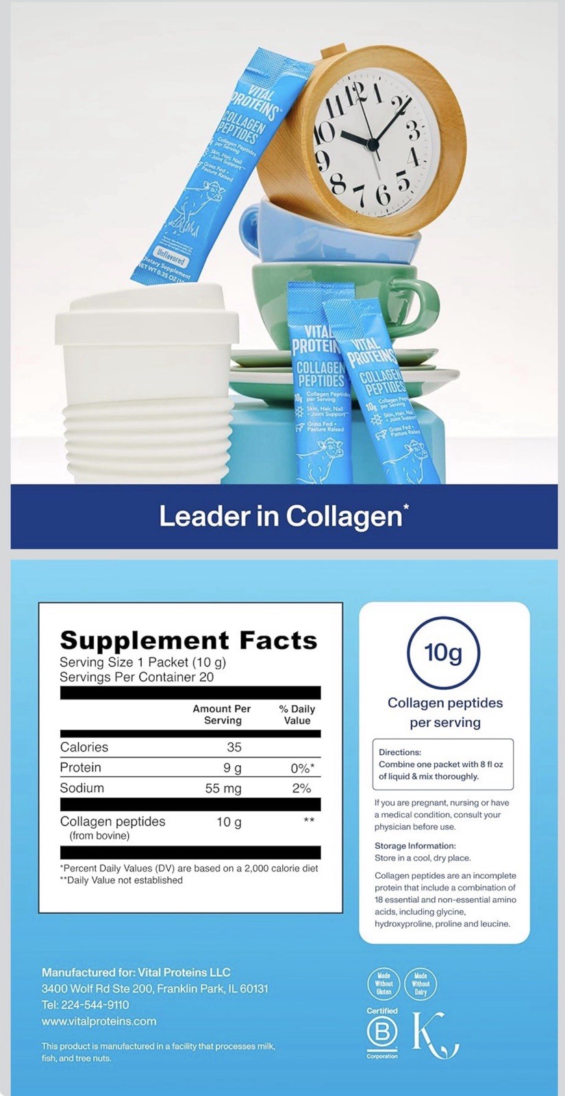 Vital Proteins Collagen Peptides Powder Unflavored 10g Packets 20 Count