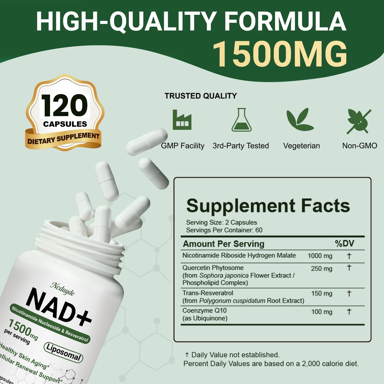 Ncduyde NAD+ Supplement, Liposomal NAD Nicotinamide 120 Count (Pack of 1)