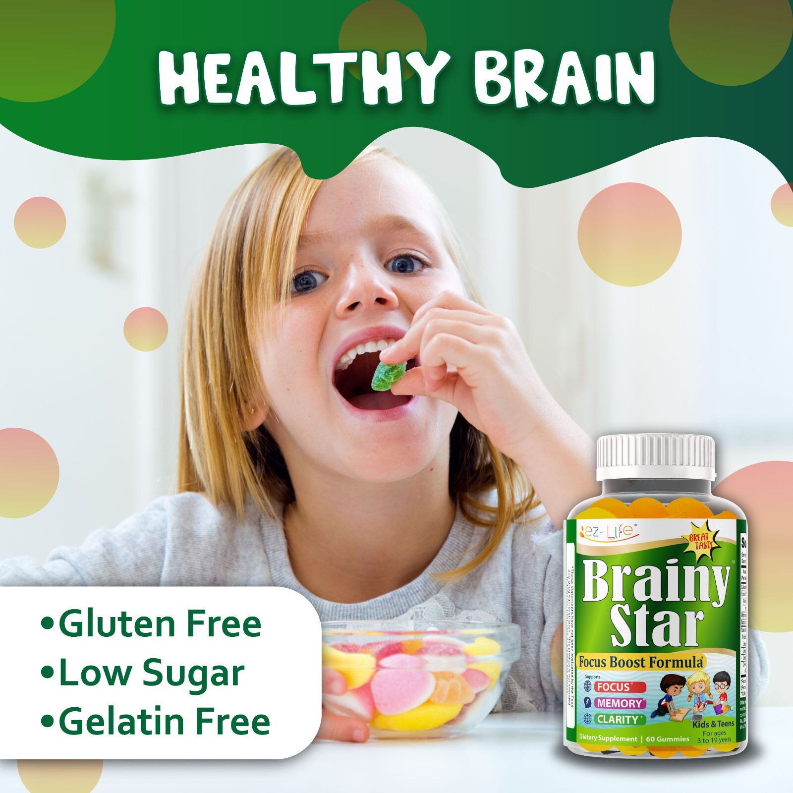 Focus Gummies for Kids & Teens – Brain & Memory Support Omega 3 6 9 – 60 Gummies