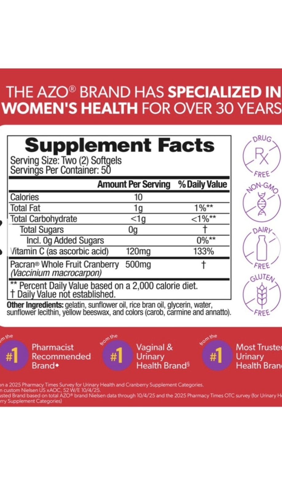 AZO Cranberry Urinary Tract Health Softgels 100ct Women 120mg Non-GMO