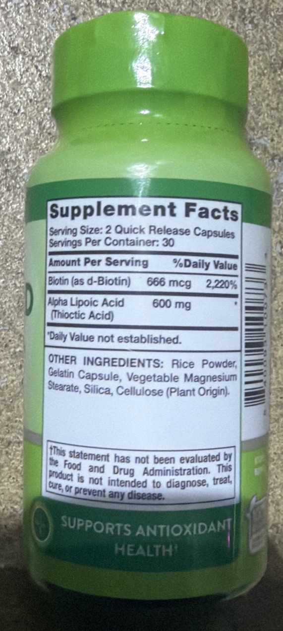 Nature’s Truth Alpha Lipoic Acid plus Biotin 60 Quick Release Capsules Exp 07/28