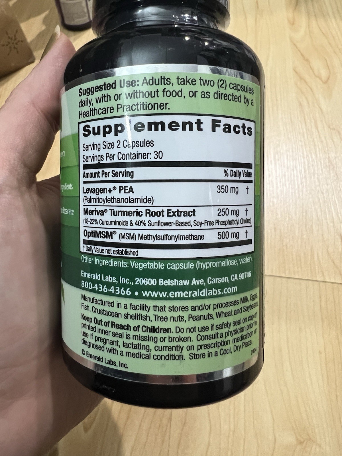 Emerald Labs Levagen+ PEA Meriva MSM 60 Capsules Joint Support Vegan Gluten-Free