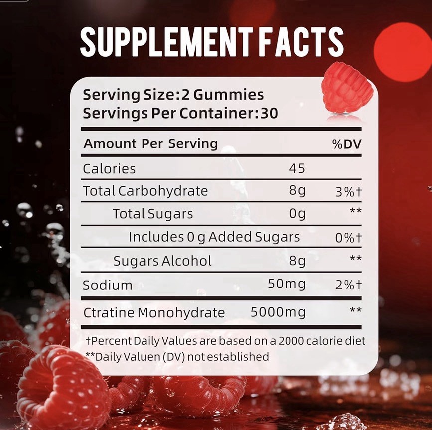 Creatine Monohydrate Gummies, 5000MG, Sugar Free, Gelatin Free, Raspberry Flavor