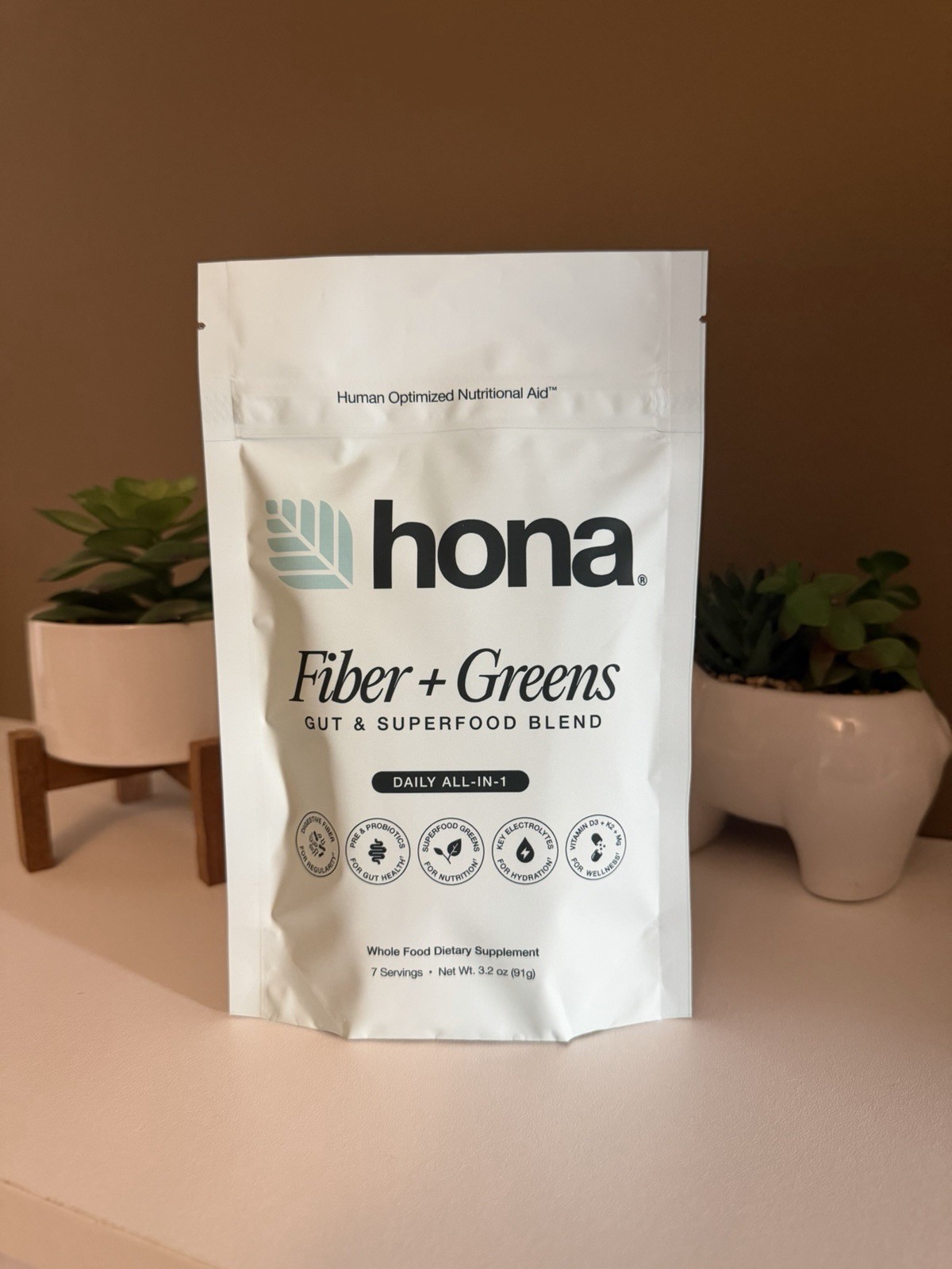 hona Fiber + Greens Gut Health Powder 7 Packets Tropical Vegan Non-GMO