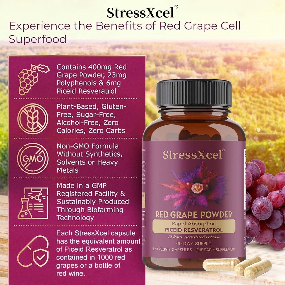 StressXcel Red Grape Extract 400mg and Resveratrol Supplement 120 Veggie Capsule