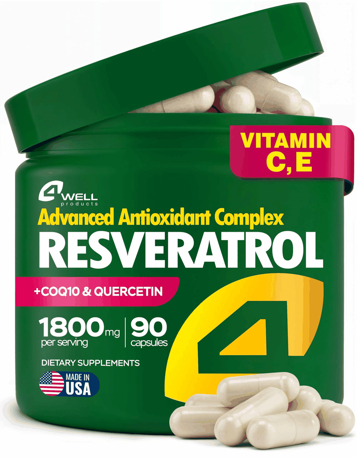 Resveratrol Supplement 1800mg Complex COQ10 Quercetin Vitamin E Calcium