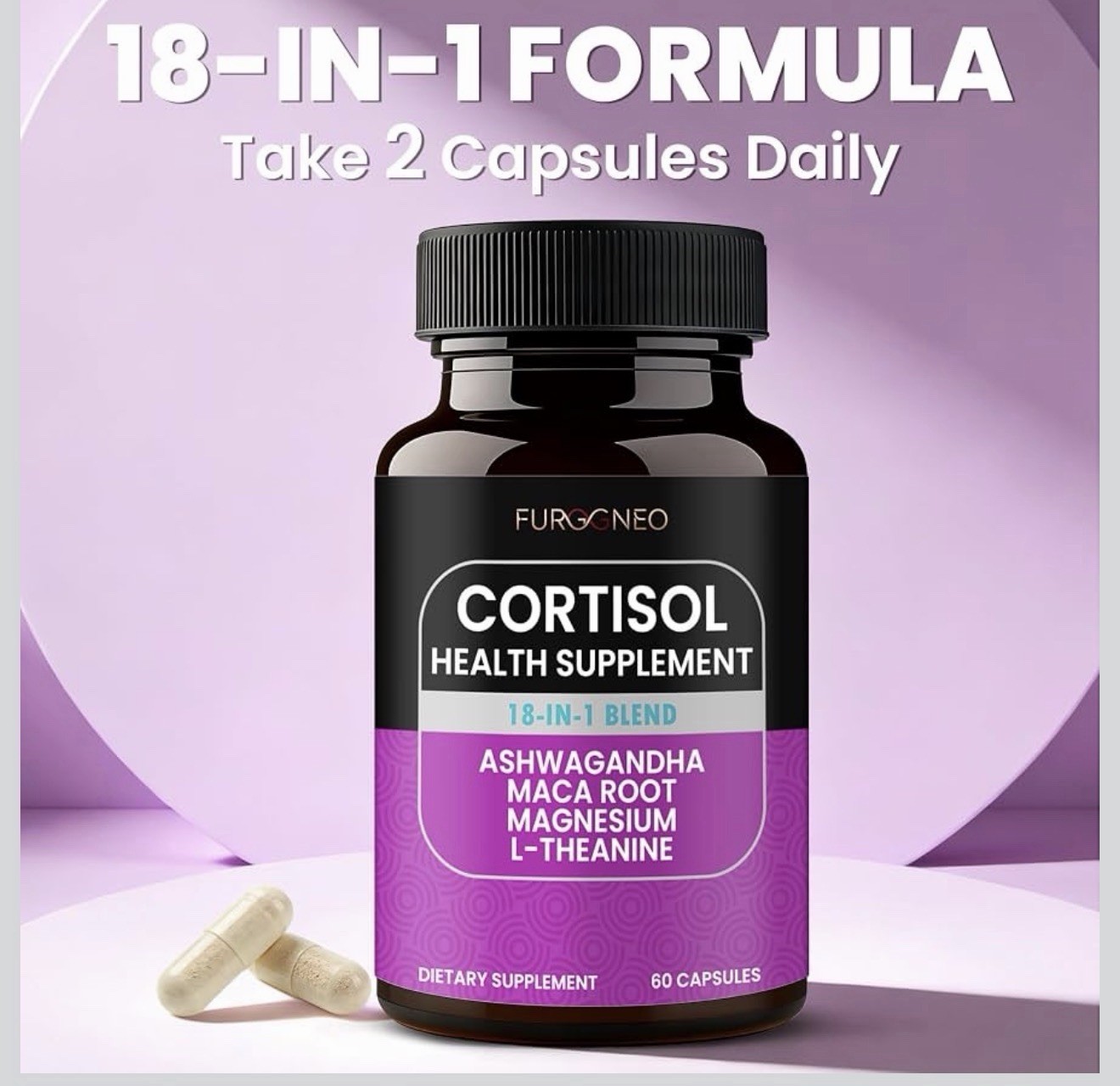 FURGGNEO Cortisol Support Supplement 18-in-1 Blend 60 Caps Vegan Non-GMO