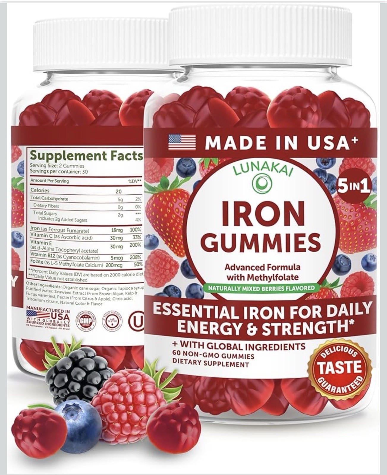 Lunakai Iron Gummies w/ Methylfolate Non-GMO Kosher Berry 60 Ct 18mg
