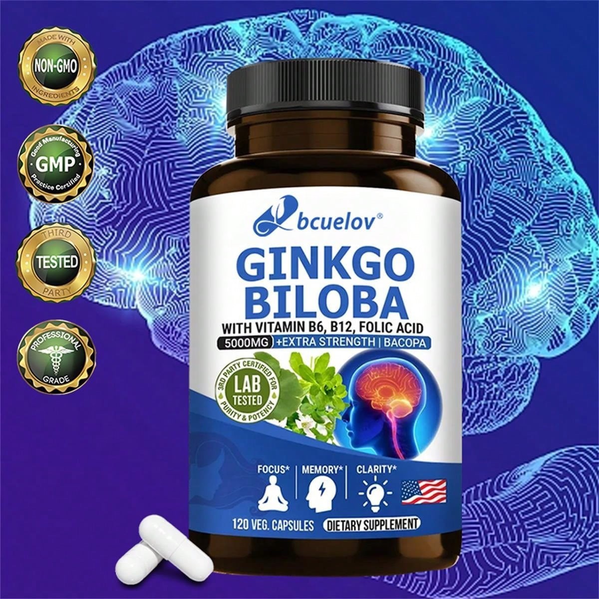 Ginkgo Biloba Extract Folate B12 Capsules 120 Count Adult Daily Formula