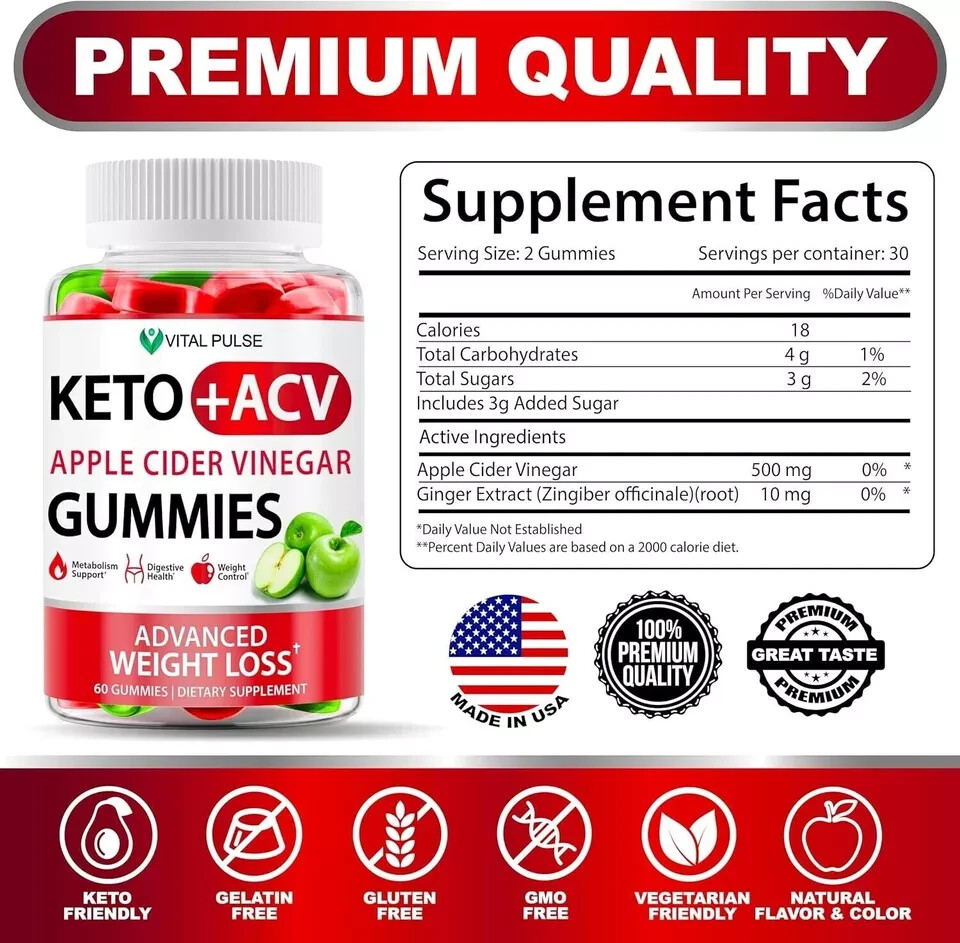 Vital Pulse KETO + ACV Apple Cider Vinegar Gummies – 60 Gummies – 30 DAYS SUPPLY