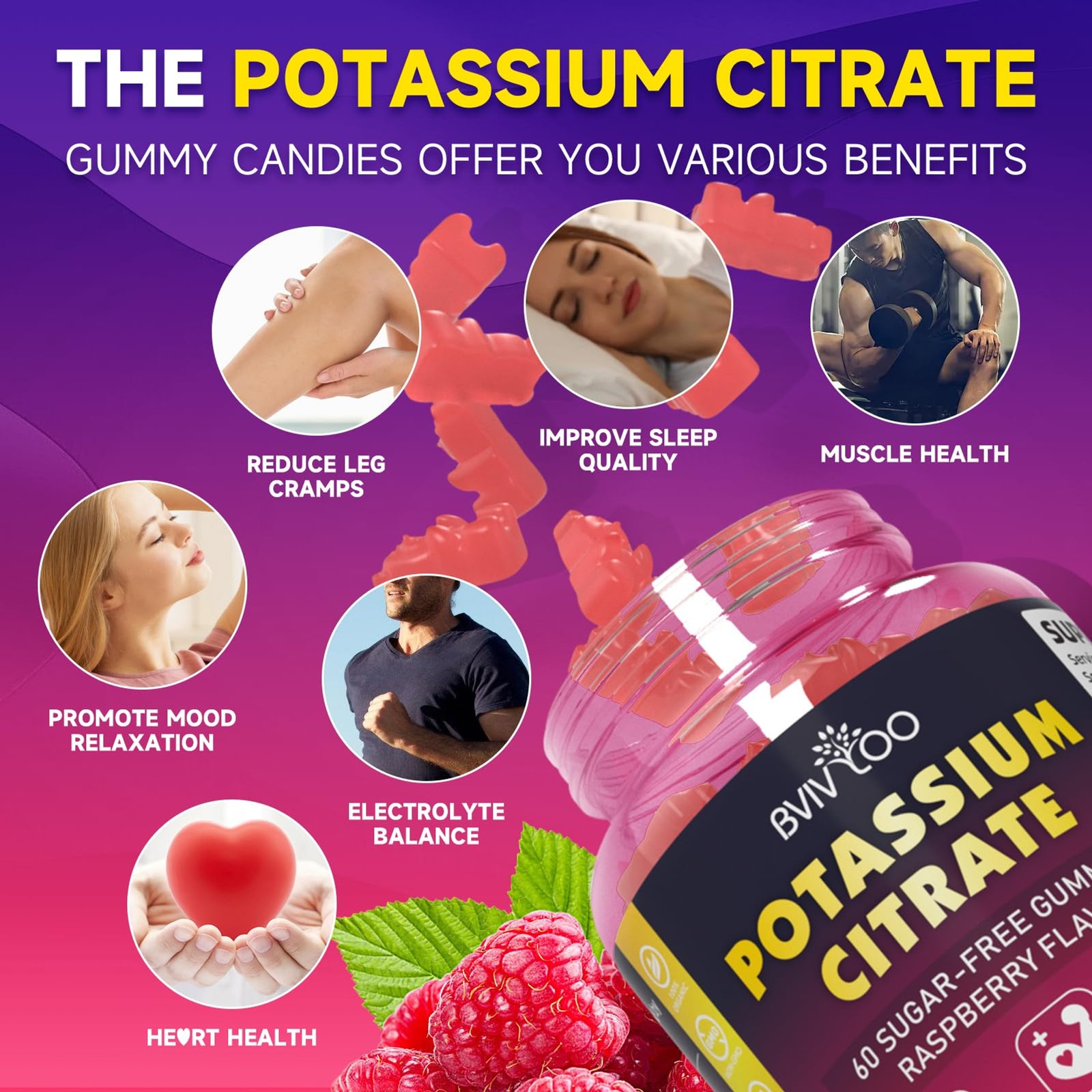 Potassium Citrate Gummies for Adults, Sugar-Free Potassium 1000mg Support Leg Cr