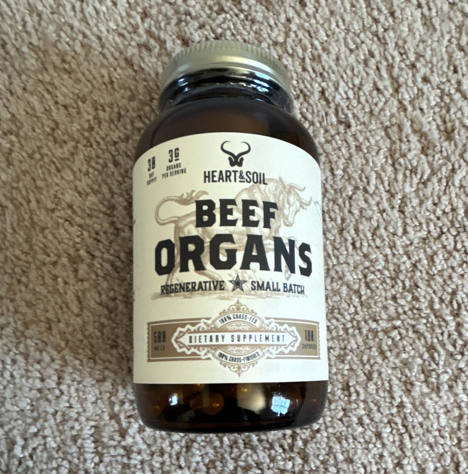 Heart & Soil Beef Organs Grass Fed Capsules 180 ct 600 mg Exp 12/2028