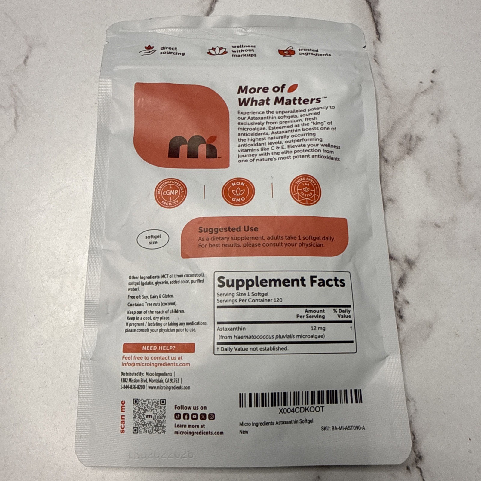 Micro Ingredients Astaxanthin 12mg Softgels 120 Ct Exp 04/2028