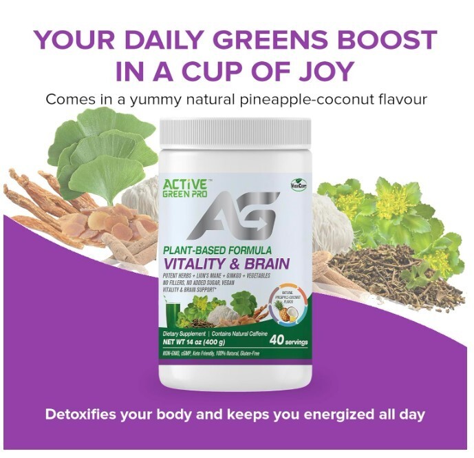 Active Green Pro Vitality & Brain Powder, Blend of Synergistic Herbs/Mushrooms/V